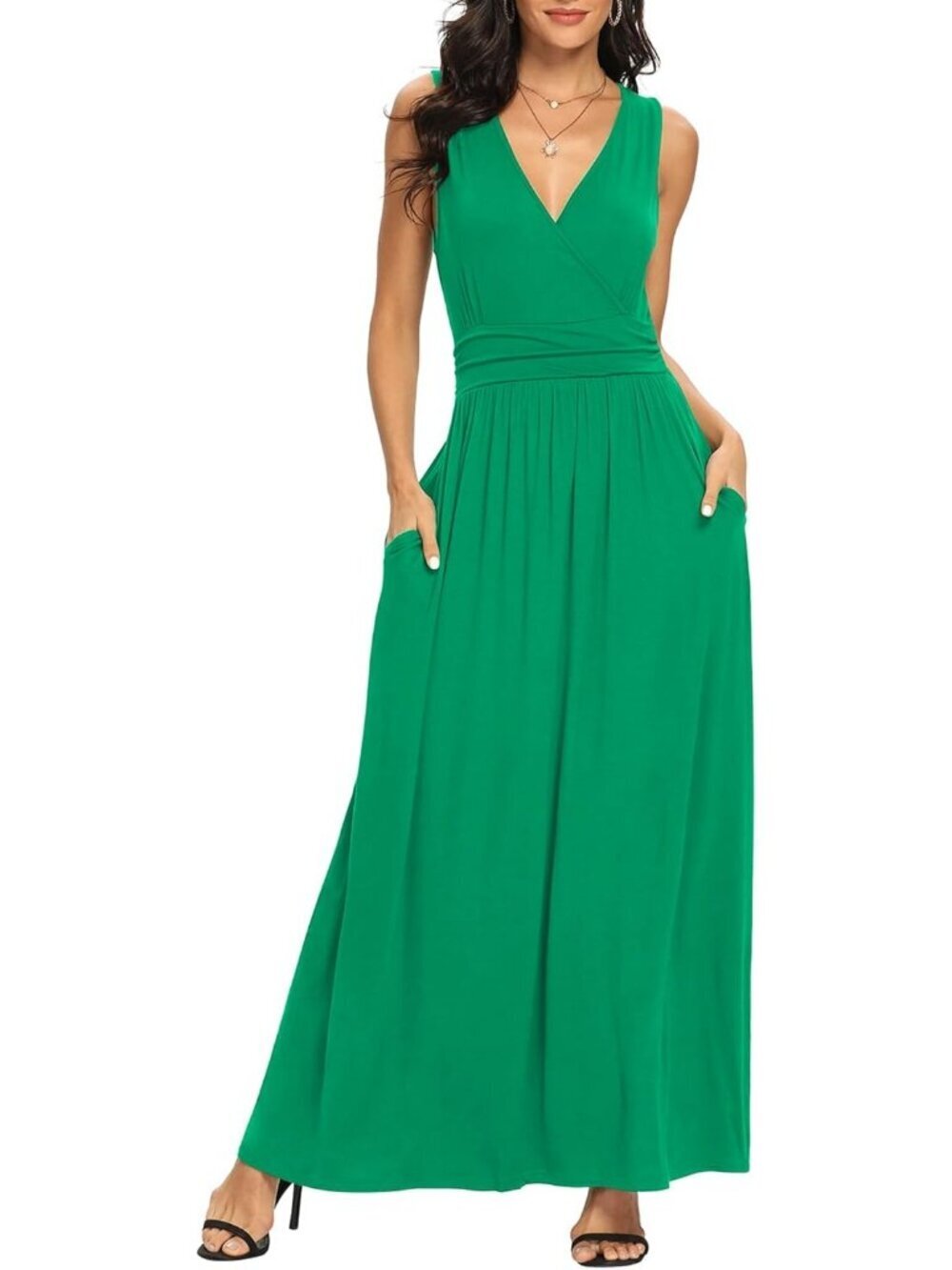 Lilbetter Women's Green Sleeveless Deep Neck Loose Plain Long Maxi Casual Dress - Picture 2 of 6